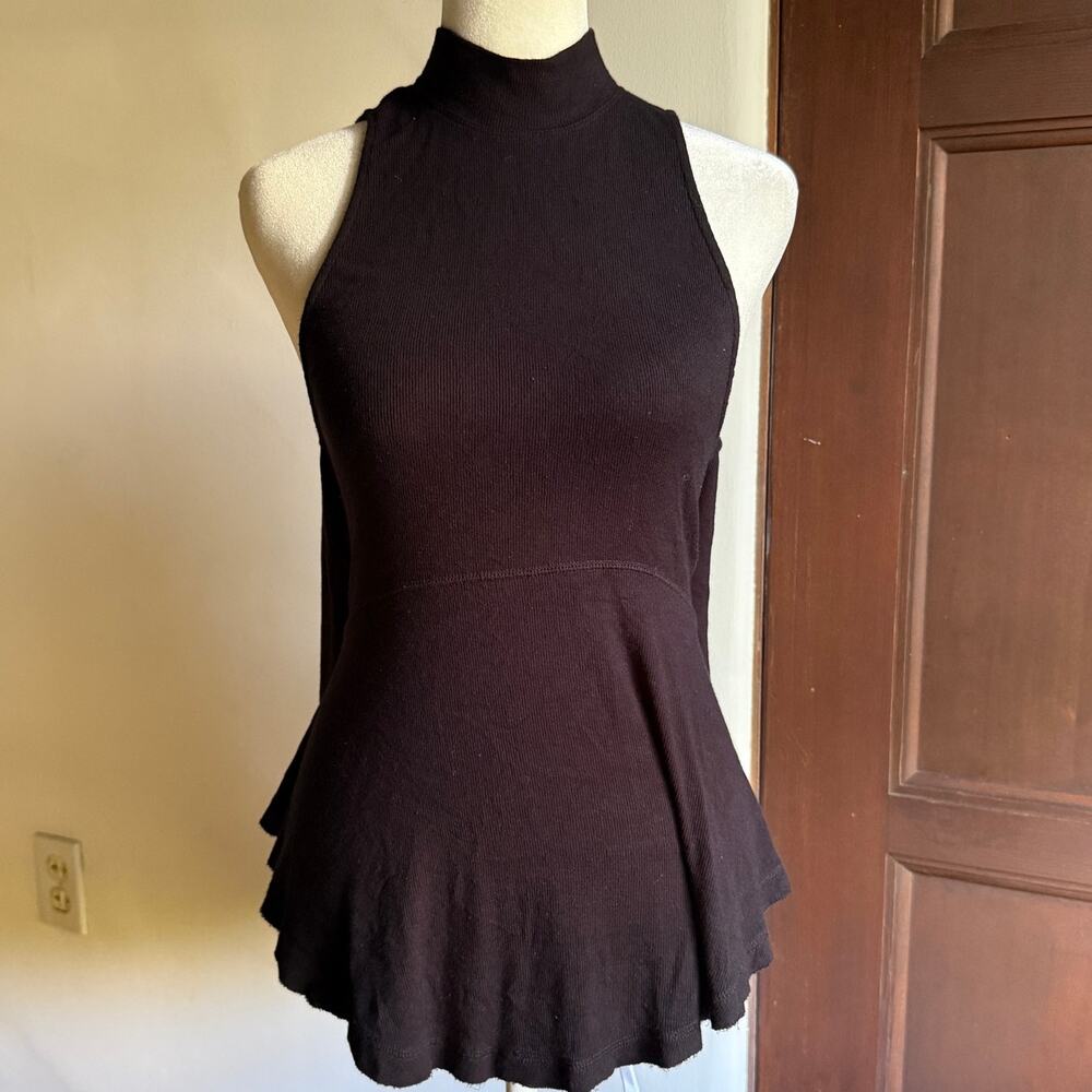 FREE PEOPLE | Black Soft Ribbed Jersey High Neck Mock neck Tie Back Tank Small